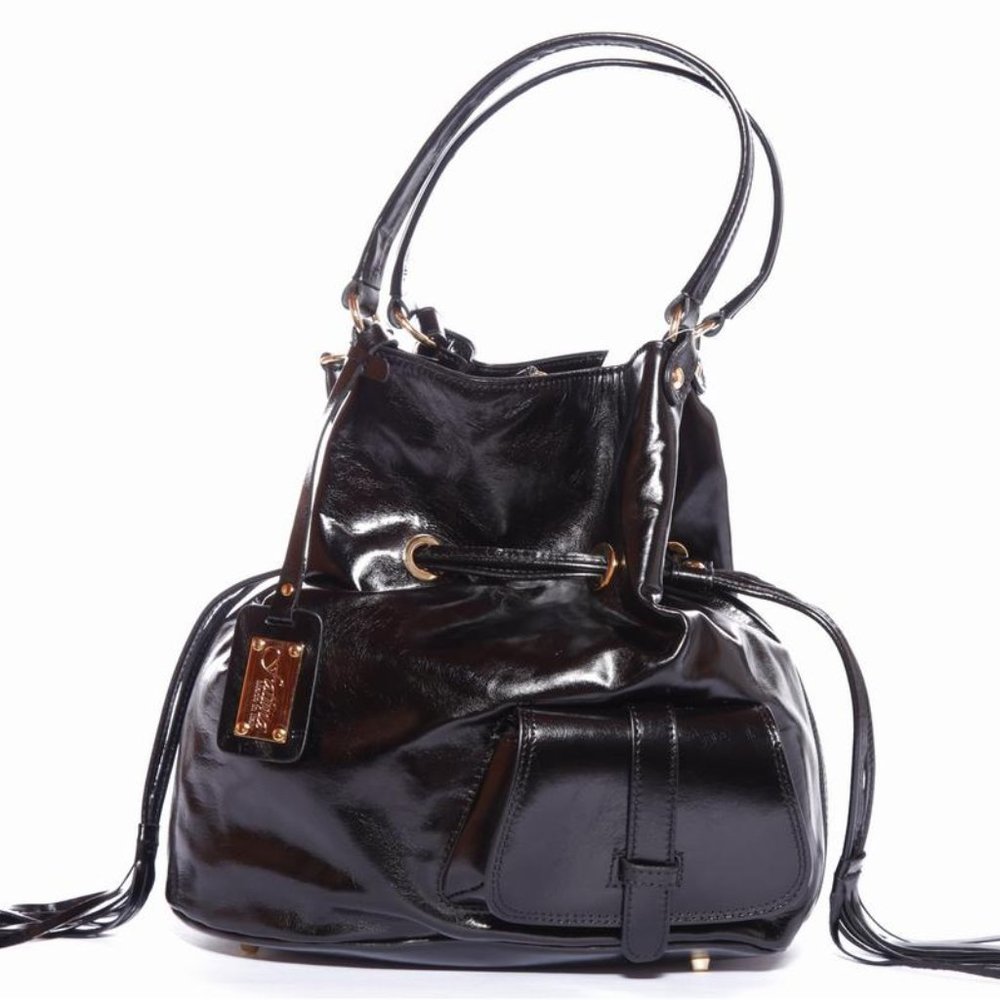 Aicha Black Drawstring Italian Leather Handbag